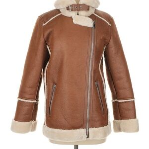 stradivarius Brown Shearling-Trim Leather Jacket